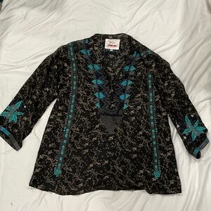 Johnny Was Black and Teal Embroidered Top